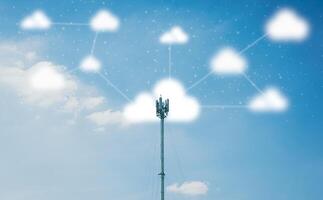 Connecting, communicating, and exchanging with global network cloud data internet technology. Using wireless data with high-speed technology for economic, scientific, and financial development. photo