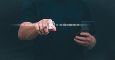 Information data search technology, search optimization, male hand using voice search, using the search bar function on your website, big data, automatic operation photo
