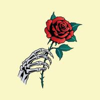 Skeleton hand holding a Rose, Red Flower is given By Skeleton Vintage Tattoo Clip Art Color vector
