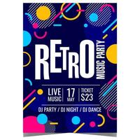 Retro music party invitation template with colourful abstract geometric elements. Vintage poster or banner for disco dance entertainment event or show in a night club. vector