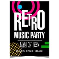 Retro music party leaflet or flyer template with colourful abstract geometric shapes. Vintage poster or banner for dance event, musical show with live DJ in a night club. vector
