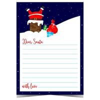 Christmas letter or wish list with funny Santa character got stuck up the chimney. Ready to print postcard with blank lines to fill out with greeting message. vector