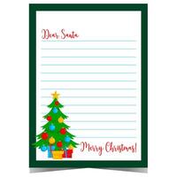 Christmas letter to Santa template with decorated Christmas tree and empty lines to fill out. Ready to print postcard for kids to fill out with wish list during winter holidays. vector