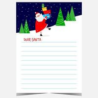 Christmas postcard or letter to Santa template with empty lines for filling with wish list and funny Santa Claus character carrying a plenty of gift boxes among Christmas trees. vector