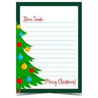 Christmas letter or wish list with the words Dear Santa and decorated Christmas tree. Blank template with empty lines for printing and filling out by children during winter holidays. vector