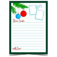 Christmas letter to Santa with colourful decorative balls and postage stamp. Blank template with empty lines to fill out with greeting message during winter holidays. vector