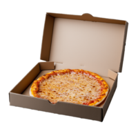 Delicious cheese pizza inside a cardboard delivery box on transparent background png