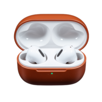 Modern wireless earbuds in sleek brown charging case on transparent background png