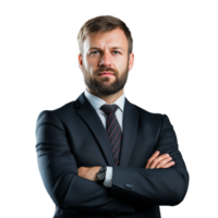 Confident businessman in formal suit with arms crossed png