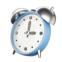 3D vintage blue alarm clock. Plastic body, metallic bell. Retro analog timer icon in perspective on white background. Realistic design. Time management concept, deadline, reminder vector