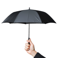 Hand holding open black umbrella on transparent background png