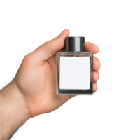 Hand holding a perfume bottle with a blank label design png