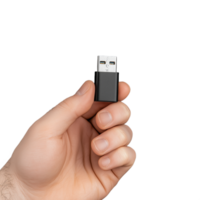 Close-up of a USB drive held in a hand on a transparent background png