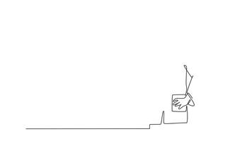 Animated self drawing of continuous line draw of male doctor pensive and thinking solution to cure patient with observation research vaccine. Medical innovation concept. Full length one line animation video