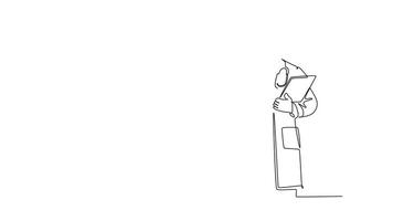 Animated self drawing of continuous line draw smart male doctor standing and holding medical to do list task on clipboard at hospital. Medical check up record concept. Full length one line animation video
