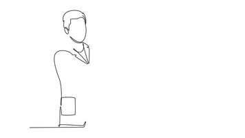 Self drawing animation of single line draw doctor or scientist in laboratory holding syringe with liquid vaccines for children or adult. Fight against virus. Continuous line draw. Full length animated video