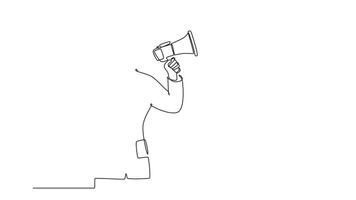 Animated self drawing of continuous line draw female doctor announced important information to the patient using loudspeaker megaphone. Medical health worker concept. Full length single line animation video