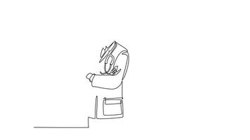 Self drawing animation of single line draw happy couple doctor standing and pose together with folded hands on chest. Male and female medical healthcare teamwork. Continuous line. Full length animated video