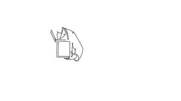Self drawing animation of single line draw of smart male doctor showing award about innovation technology to cure patient. Medical invention achievement concept. Continuous line. Full length animated video