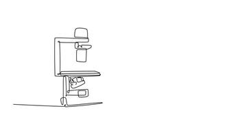 Animated self drawing of continuous line draw of male scientist analyze corona virus cause covid 19 disease using laboratory microscope. Coronavirus medical research. Full length single line animation video