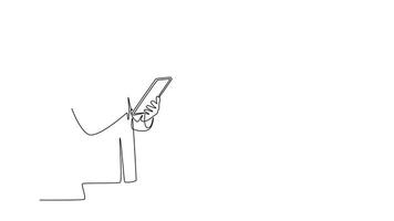Self drawing animation of single line draw male doctor pose standing to read a journal health and medical record on tablet. Medical health care research concept. Continuous line. Full length animated video