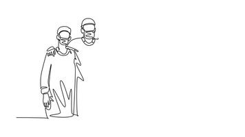 Animated self drawing of continuous line draw group of surgeon doctors standing and hugging after doing operating surgery at hospital. Medical care treatment concept. Full length one line animation video