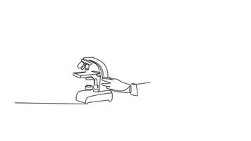 Animated self drawing of continuous line draw of female scientist researching antibiotic formula using microscope to find covid vaccine. Coronavirus medical research. Full length single line animation video