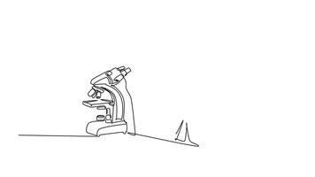 Animated self drawing of continuous line draw of couple scientist analyze blood sample using laboratory microscope to find covid19 vaccine. Medical research coronavirus. Full length one line animation video