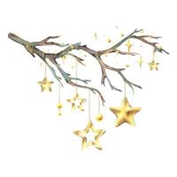 Dry tree branch without leaves with hanging New Year's shimmering golden stars and beads. Watercolor illustration New Year, Christmas hand drawn. Sublimation isolated from background. vector