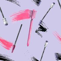 Brushes for combing eyelashes and eyebrows with a smear of black and pink paint, mascara. Watercolor illustration, hand drawn. Seamless pattern on a lilac background vector