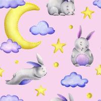 A cute gray bunny stitched sits and sleeps on a yellow moon with hanging stars, dots, clouds. Watercolor illustration, hand drawn. Seamless pattern on a pink background. vector