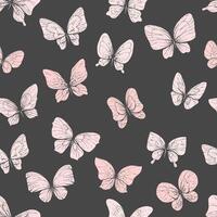 Delicate pink butterflies flying with wings in the form of inversion of silhouette with patterns. Graphic line art drawn by hand. seamless pattern on a grey background. vector