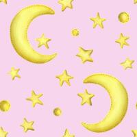 Yellow half moon with stars from fabric with thread stitches. Watercolor illustration, hand drawn. Seamless pattern on a pink background vector