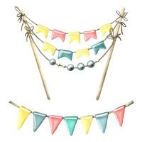 Festive, colorful flags, garlands on strings and on sticks, for cake. Watercolor illustration. Isolated objects from a large set of HAPPY BIRTHDAY. For decoration and design of greeting paraphernalia. vector
