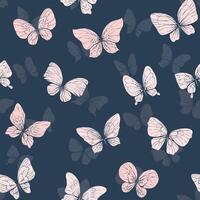 Delicate pink butterflies flying with wings in the form of inversion of silhouette with patterns. Graphic line art drawn by hand. seamless pattern on a dark blue background. vector