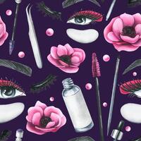 Cosmetics and brushes for eyes and eyebrows, tubes with pink anemone flowers. Watercolor illustration hand drawn. Seamless pattern on a dark purple background. For eyelash extension and lamination vector