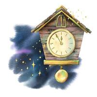 Wooden clock with pendulum, round dial in vintage style on the background of the night sky and stars. Watercolor illustration New Year, Christmas hand-drawn. Sublimation isolated from the background. vector