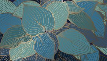 Intricate pattern of overlapping leaves in shades of teal, turquoise, and dark blue, outlined with gold lines on a deep blue background. Luxury wallpaper design for prints, posters, covers, wrappings. vector