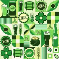 Patricks day seamless pattern with beer icons, symbols of holiday, geometric abstract shapes. For branding, decoration of beer package, cover design, decorative print. Simple flat style vector