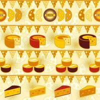 Seamless pattern with icons of Cheese slices and wheels, cheese garland flags in flat simple geometric style. Objects arranged horizontally in a row. For branding, food packaging, prints vector