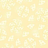 Seamless pattern with icons of sliced cheese, halftone shapes. Cheese holey pieces on light yellow background. Low contrast. Flat simple style. Random scattered objects. vector