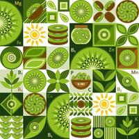 Seamless pattern with kiwi, simple geometric shapes. Leaves, seeds, kiwi slices. Simple minimal style. Good for branding, decoration of food package, cover design, decorative home kitchen prints vector