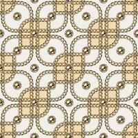 Seamless pattern with geometric square shapes, gold chains, beads, buttons. Classic diagonal grid. Vintage style vector