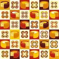 Seamless geometric checkered pattern with icons of cut Cheese wheel, circular shapes in flat simple geometric style. Classic checkered square grid. For branding, food packaging, textile kitchen prints vector