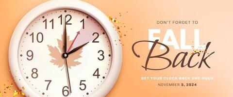 Daylight saving time ends. Fall back concept banner with realistic wall clock and golden confetti on orange background. Don't forget to set your clocks back an hour in november 3 vector