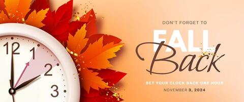 Fall Back. Daylight saving time ends banner with realistic wall clock and bright autumn foliage decoration on orange background. Set your clocks back one hour on November 3, 2024 vector
