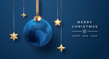Christmas card with a blue globe ornament, golden stars, and festive message on a navy background vector