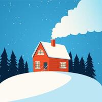 Cabin surrounded by snow and pine trees, with smoke rising from the chimney vector