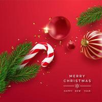 Christmas scene featuring a candy cane, baubles, pine branches, and confetti on a red background vector