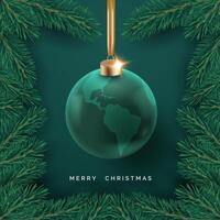 Christmas globe ornament with a world map framed by pine branches vector
